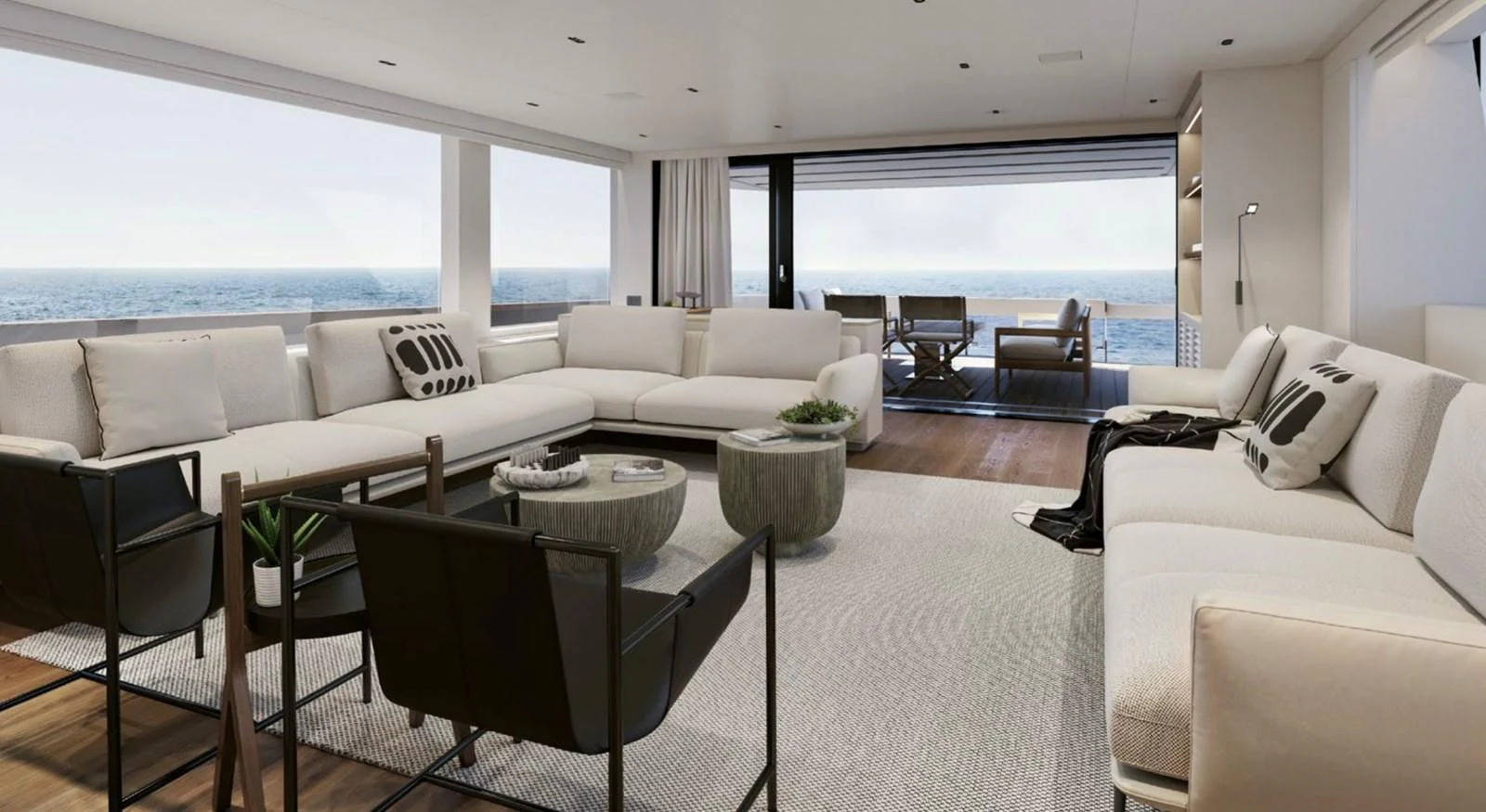 The salon offers a spacious and elegantly designed area with panoramic ocean views. aboard SL86A Yacht for Sale