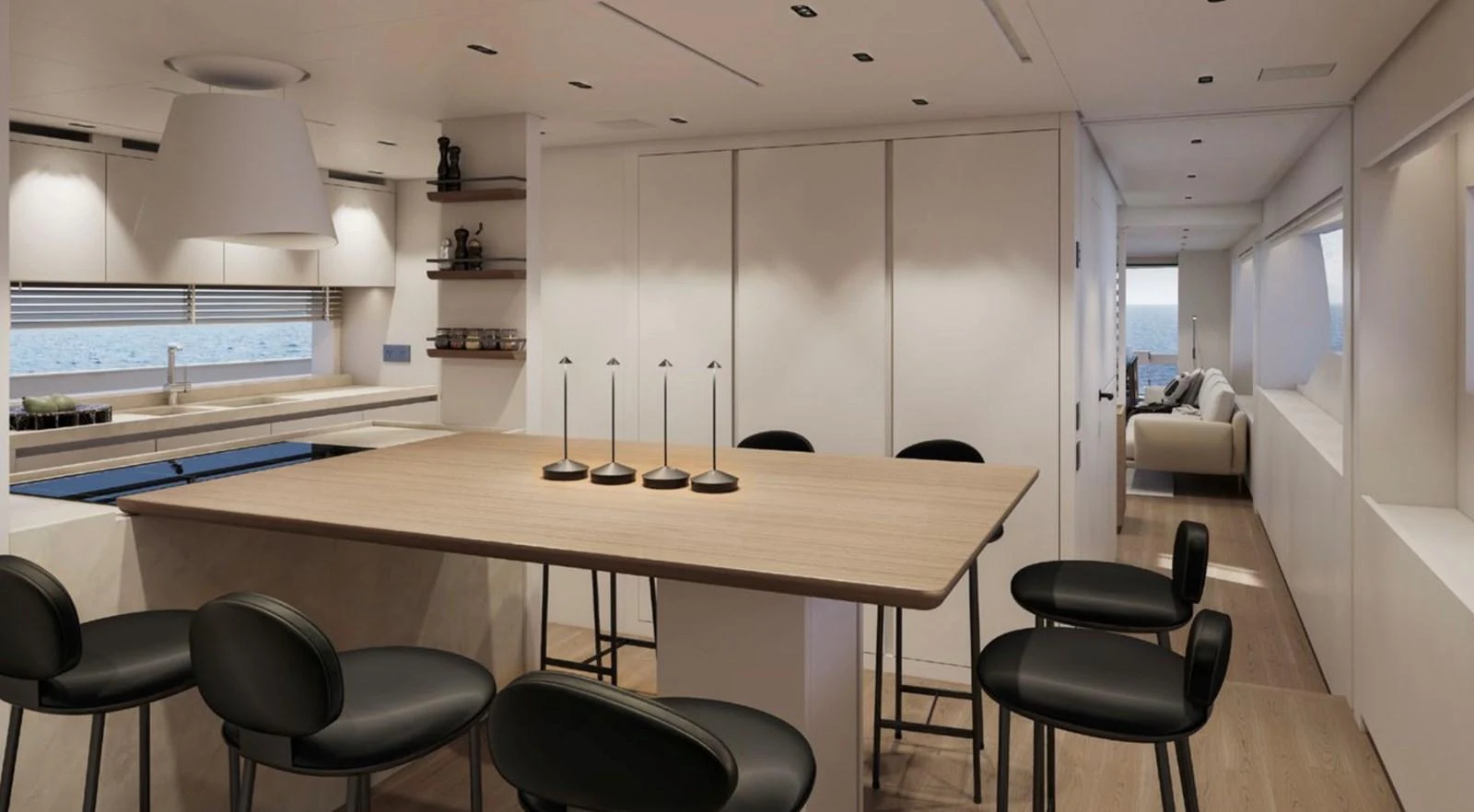 The yacht's galley features a modern design with a spacious dining area and sleek furnishings. aboard SL86A Yacht for Sale