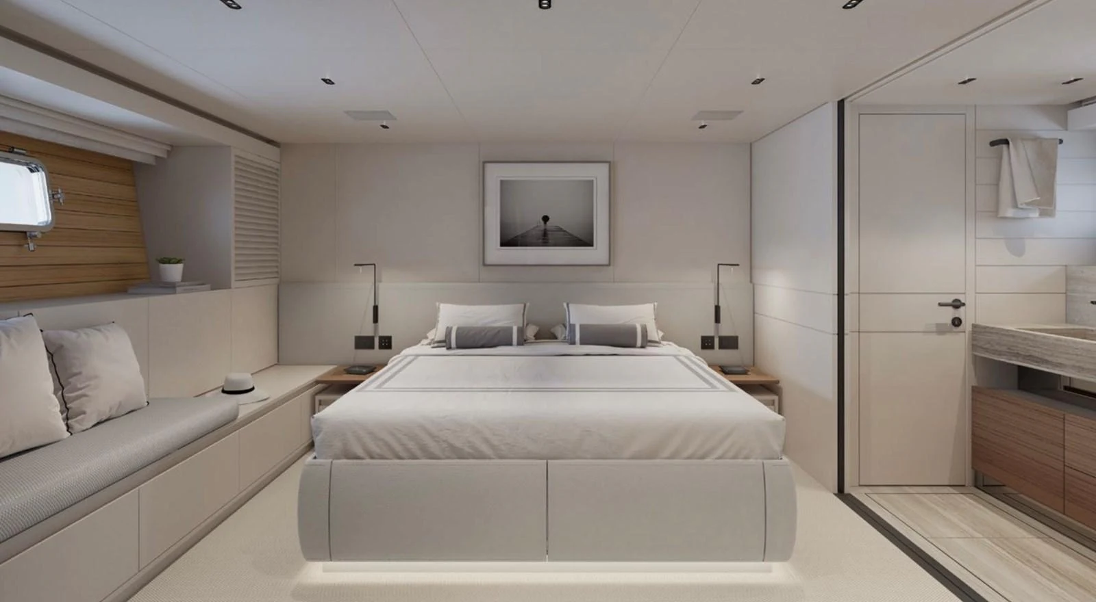 The master stateroom features a spacious bed, modern decor, and a private en-suite bathroom. aboard SL86A Yacht for Sale