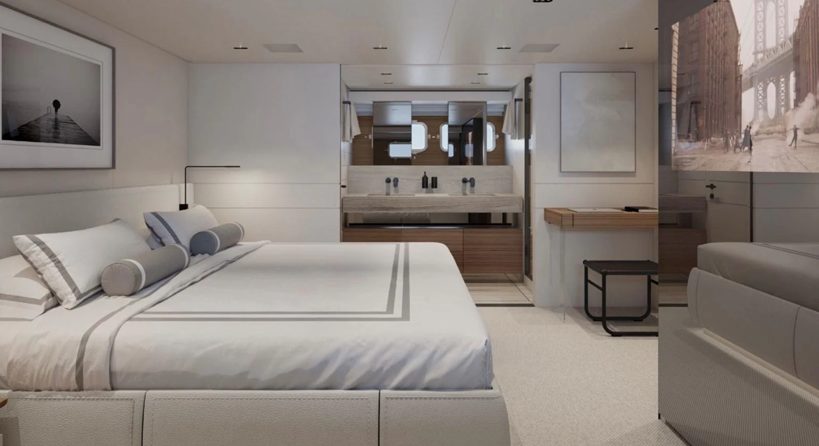The master stateroom features a luxurious bed, modern decor, and an ensuite bathroom. aboard SL86A Yacht for Sale