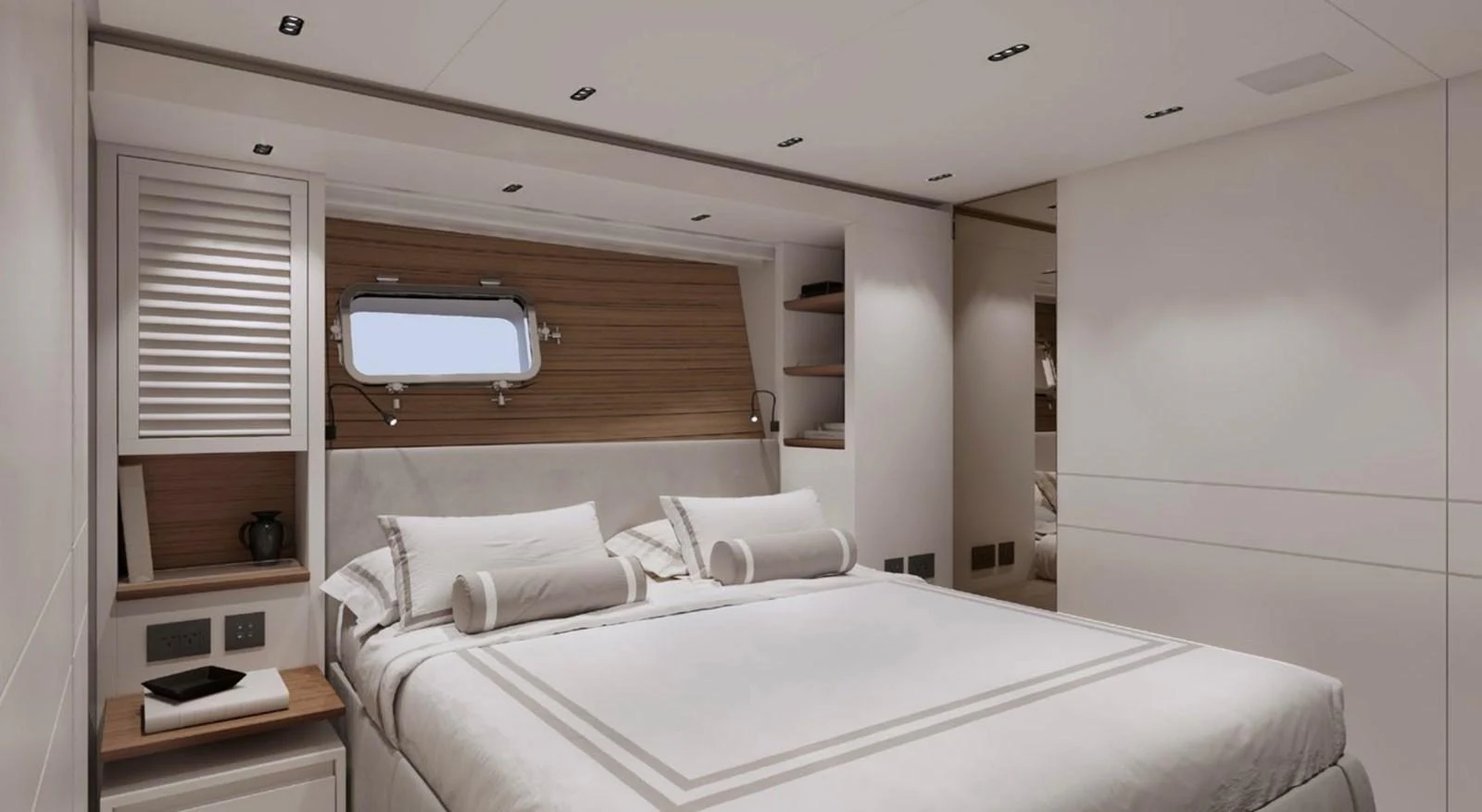 The stateroom features a luxurious bed with elegant linens and ample natural light from a porthole window. aboard SL86A Yacht for Sale