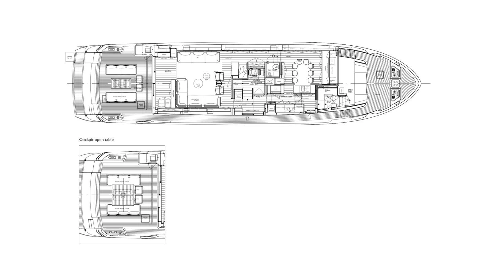 This is a detailed floor plan of a yacht, showcasing its layout and design. aboard SL86A Yacht for Sale