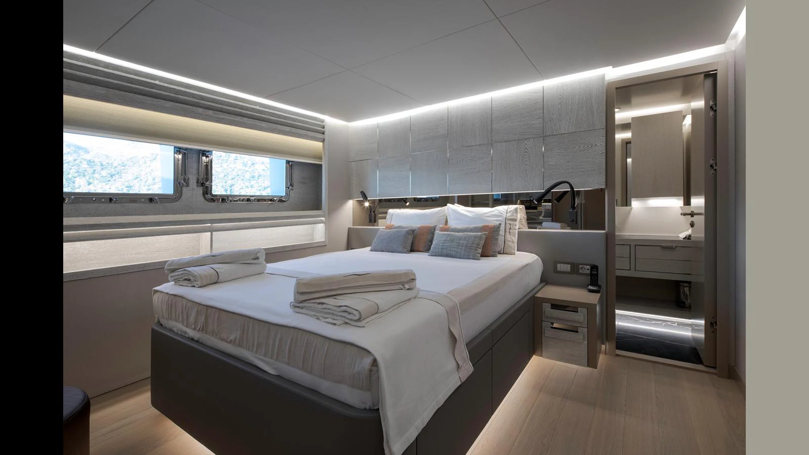 The master stateroom offers a luxurious and serene retreat with modern design and ample natural light. aboard Q.M Yacht for Sale