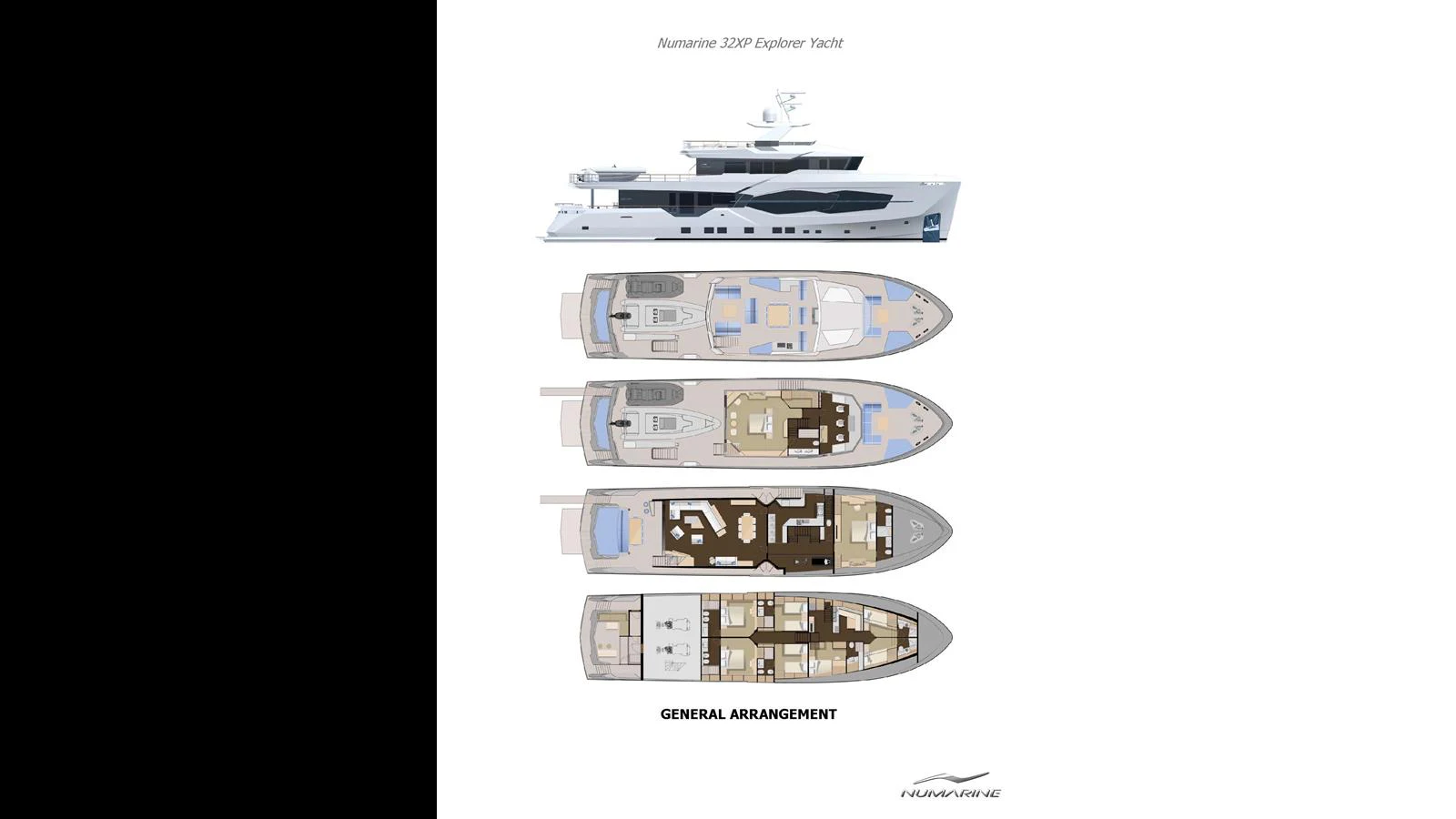A detailed general arrangement plan of a luxury explorer yacht showcasing multiple decks. aboard Q.M Yacht for Sale