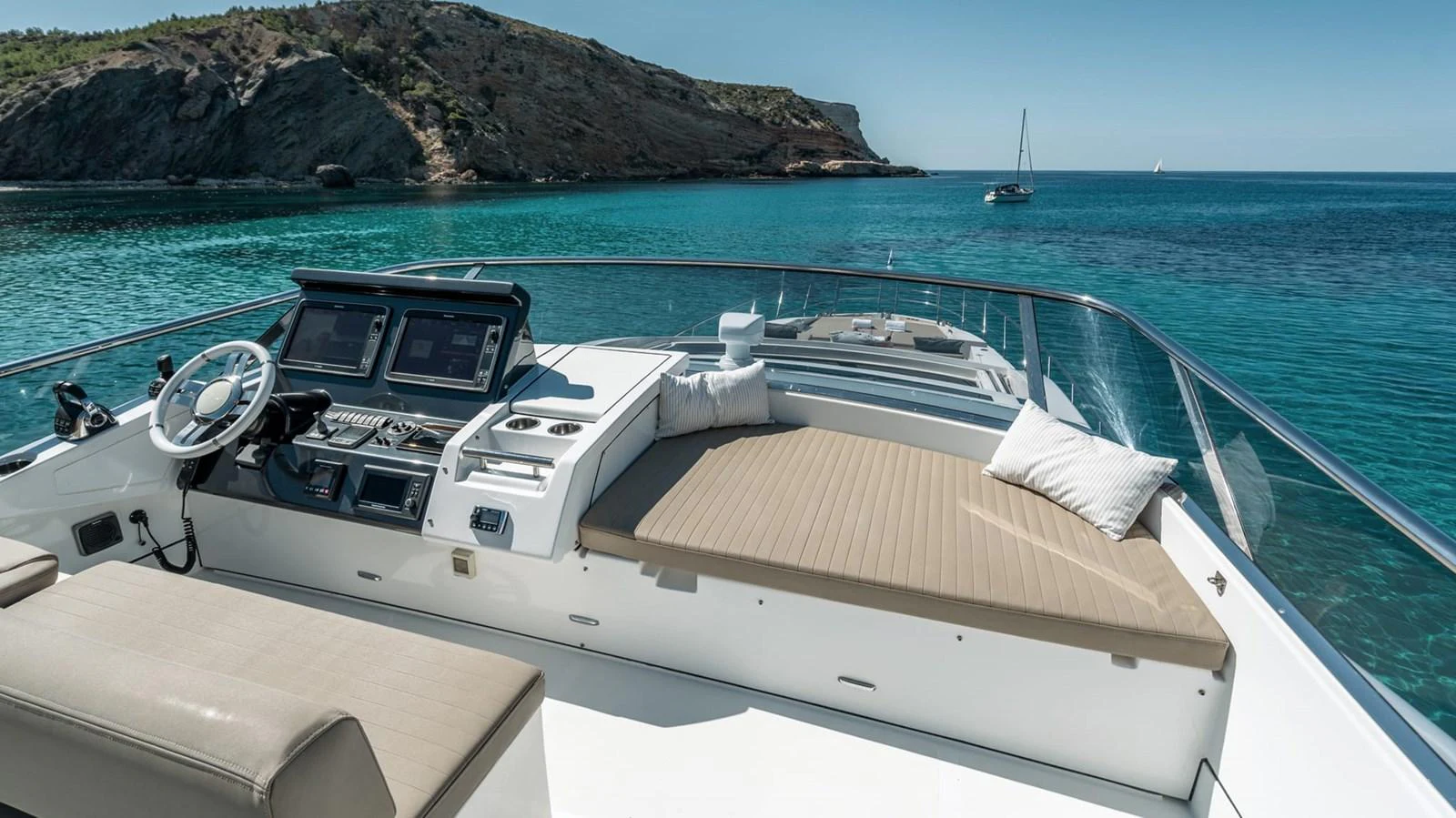 The yacht's flybridge offers a spacious sunbathing area with stunning views of the surrounding waters. aboard GRAN ABE II Yacht for Sale