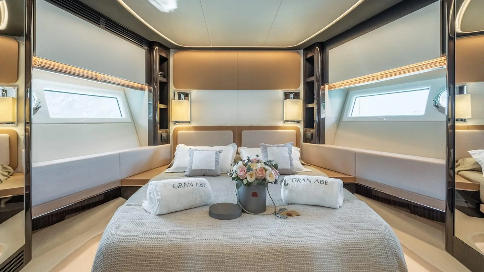 The master stateroom offers a luxurious and serene retreat with elegant decor and ample natural light. aboard GRAN ABE II Yacht for Sale