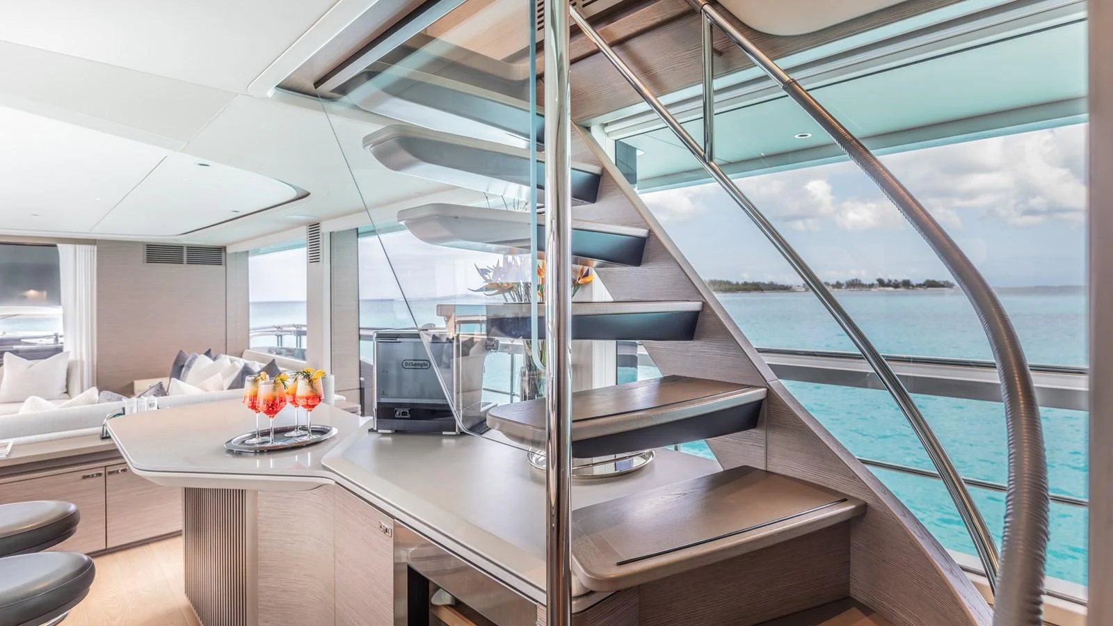 a room with a glass wall aboard GEMINI Yacht for Sale