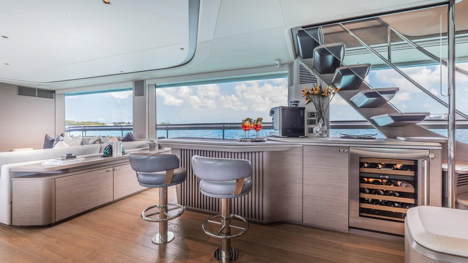 a kitchen with a large island aboard GEMINI Yacht for Sale