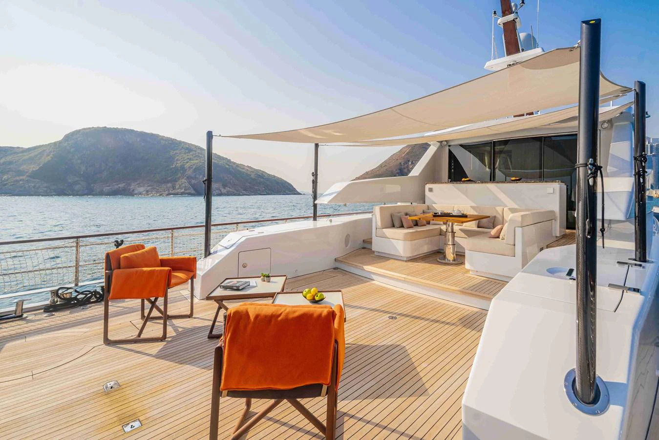 The spacious aft deck offers luxurious seating and a shaded area for relaxation with stunning views of the surrounding waters. aboard VERO Yacht for Sale