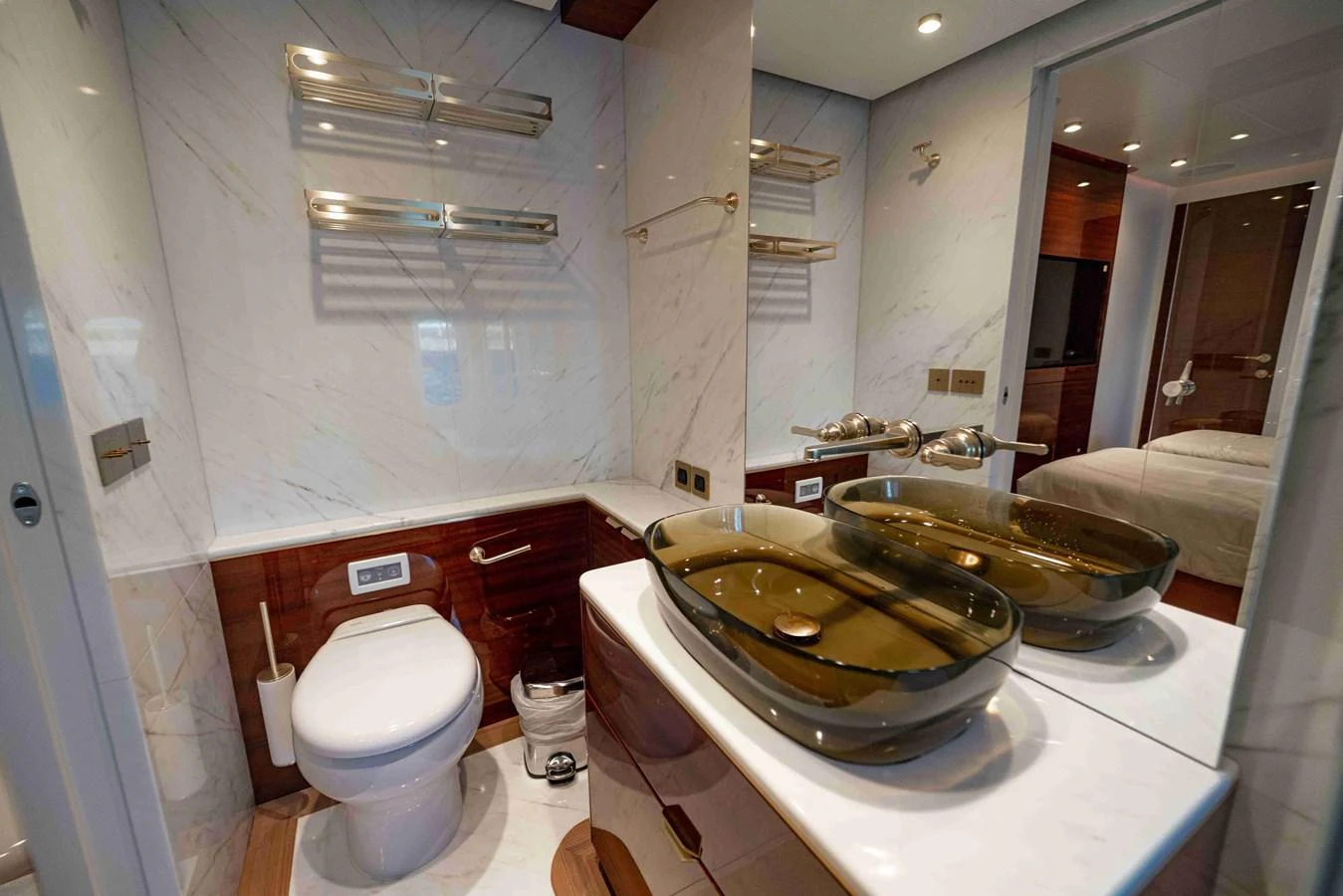 The yacht's bathroom features modern fixtures and a luxurious design. aboard VERO Yacht for Sale