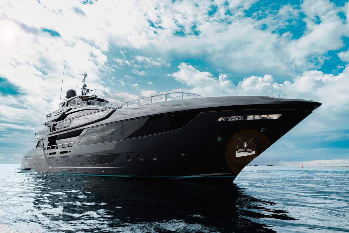 A sleek and modern yacht glides gracefully on calm waters under a partly cloudy sky. aboard LADY FIRST Yacht for Sale