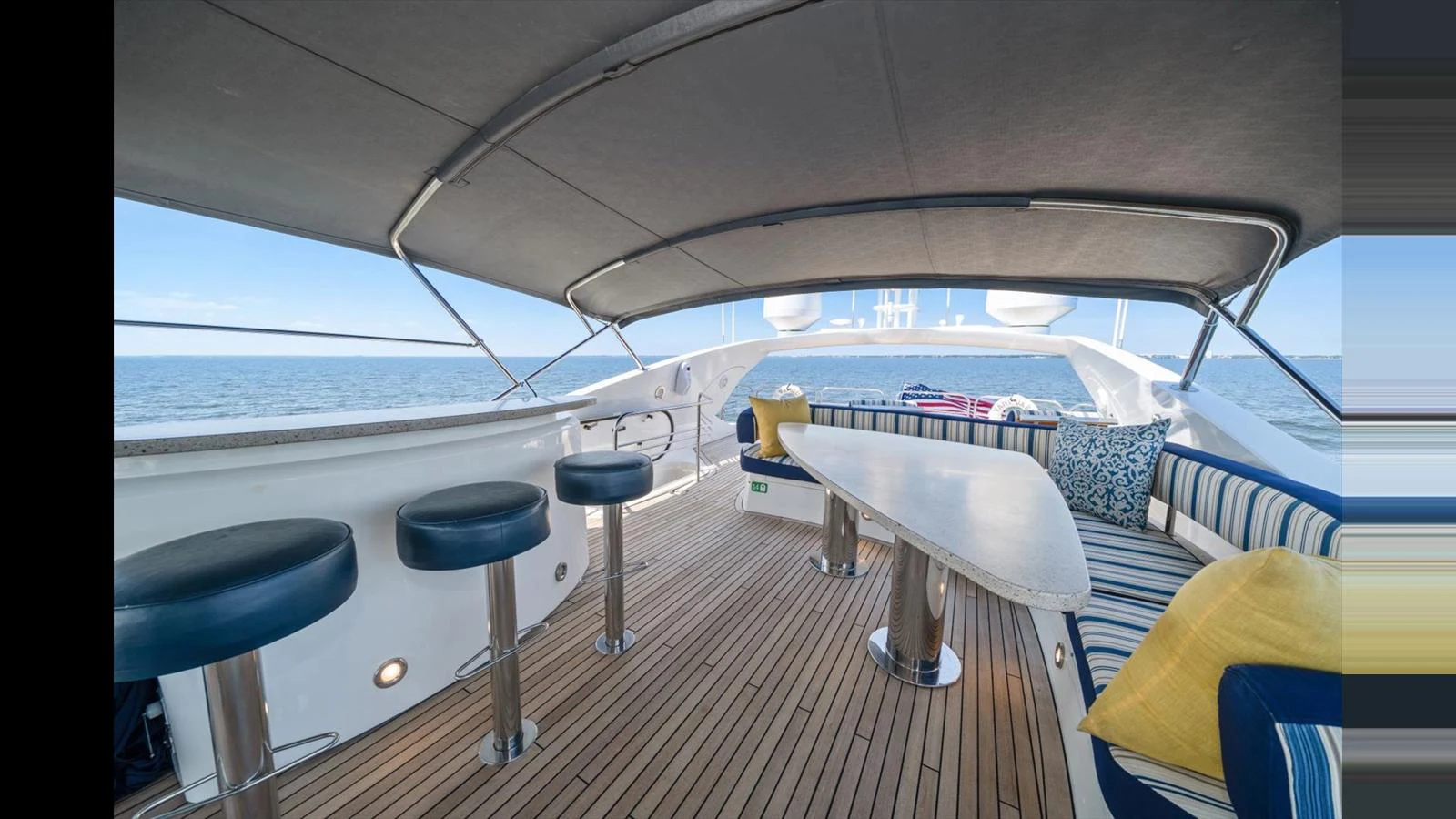 The flybridge offers a spacious and stylish area for relaxation and socializing with a panoramic view of the sea. aboard VANGUARD Yacht for Sale