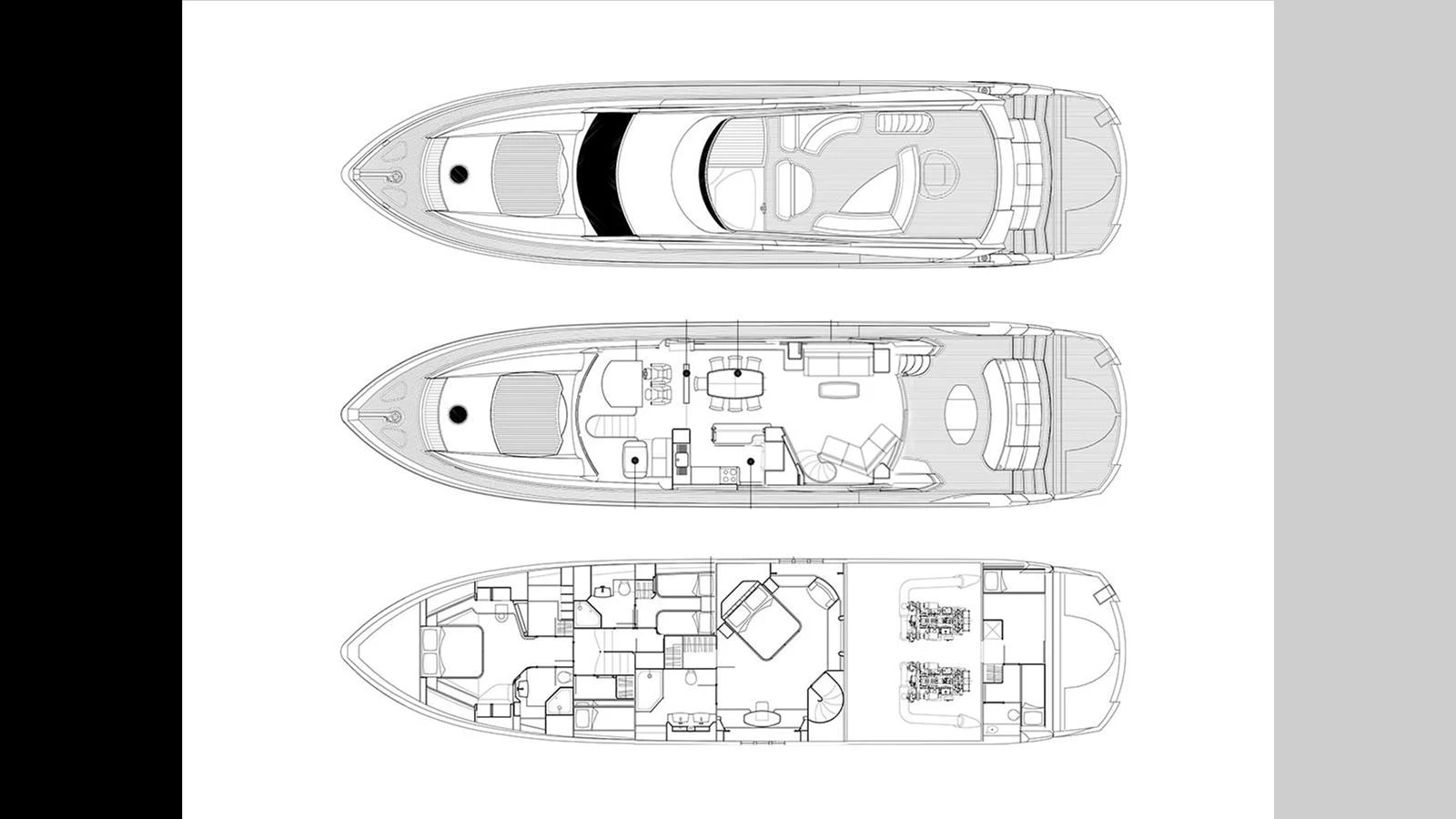 The image showcases detailed deck plans of a yacht, illustrating various levels and layouts. aboard VANGUARD Yacht for Sale