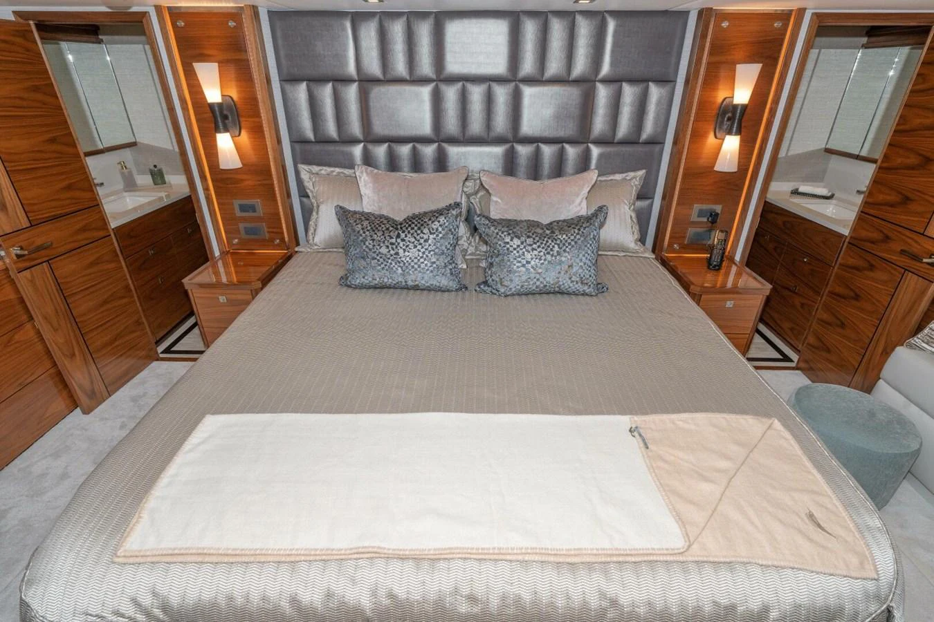 a large bed in a room aboard ZATARA Yacht for Sale