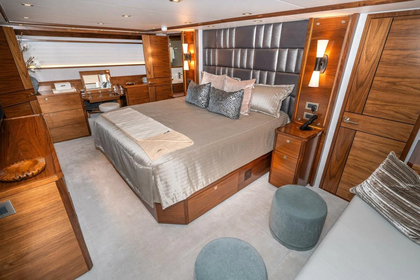 a large bed in a room aboard ZATARA Yacht for Sale