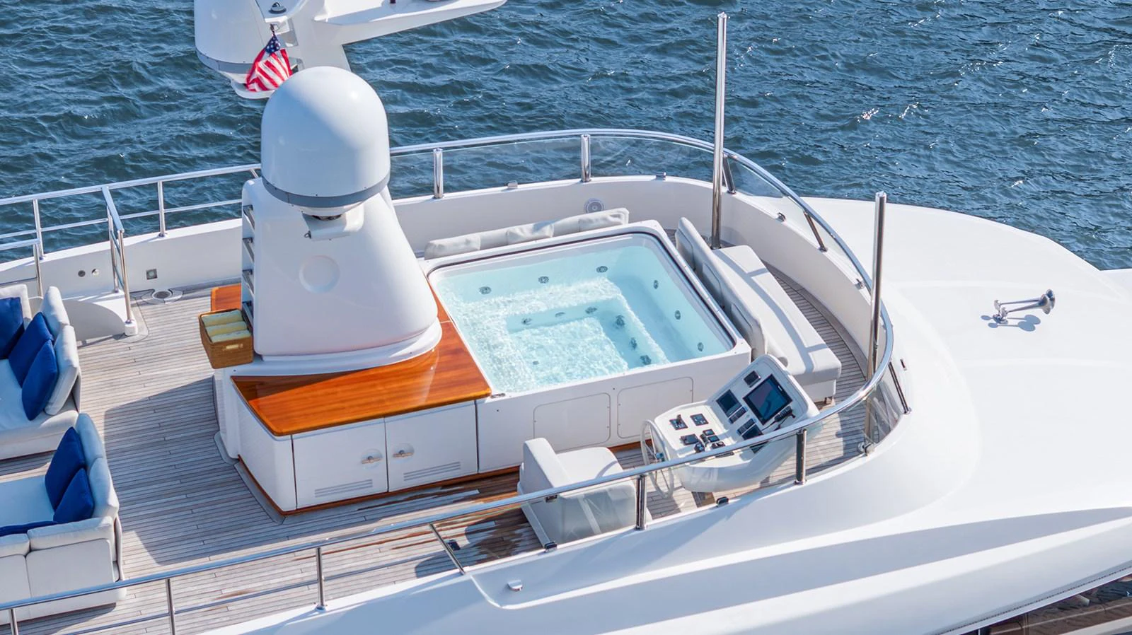 The sundeck features a luxurious hot tub with stunning ocean views. aboard BETTY JANE Yacht for Sale