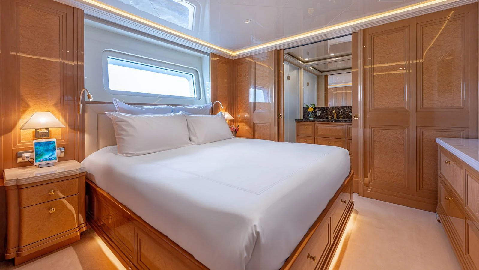 The master stateroom exudes elegance with its spacious layout and luxurious furnishings. aboard BETTY JANE Yacht for Sale