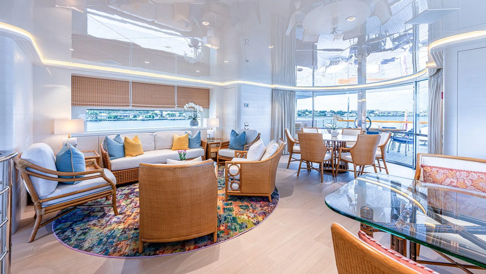 The salon offers a spacious and elegantly decorated area with ample seating and natural light. aboard BETTY JANE Yacht for Sale