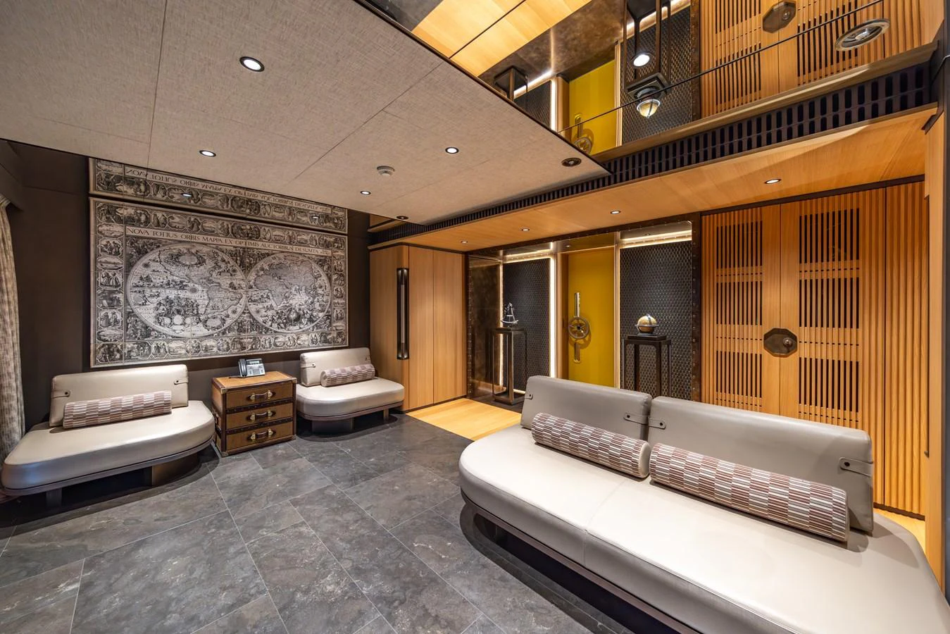 The yacht's interior features a spacious and elegantly designed lounge area with modern furnishings. aboard AKULA Yacht for Sale