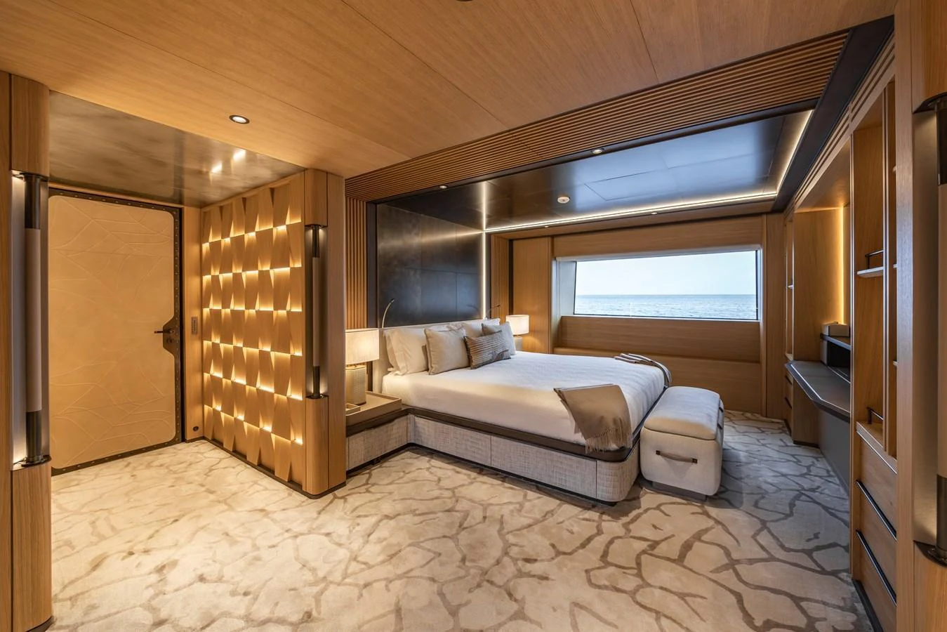 The master stateroom offers a luxurious and spacious retreat with elegant decor and a stunning ocean view. aboard AKULA Yacht for Sale
