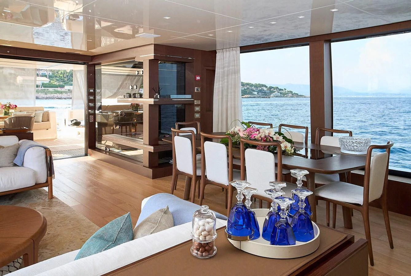 The yacht's salon offers a luxurious and spacious area with elegant furnishings and panoramic views. aboard SANLORENZO SL102 ASYMMETRIC Yacht for Sale
