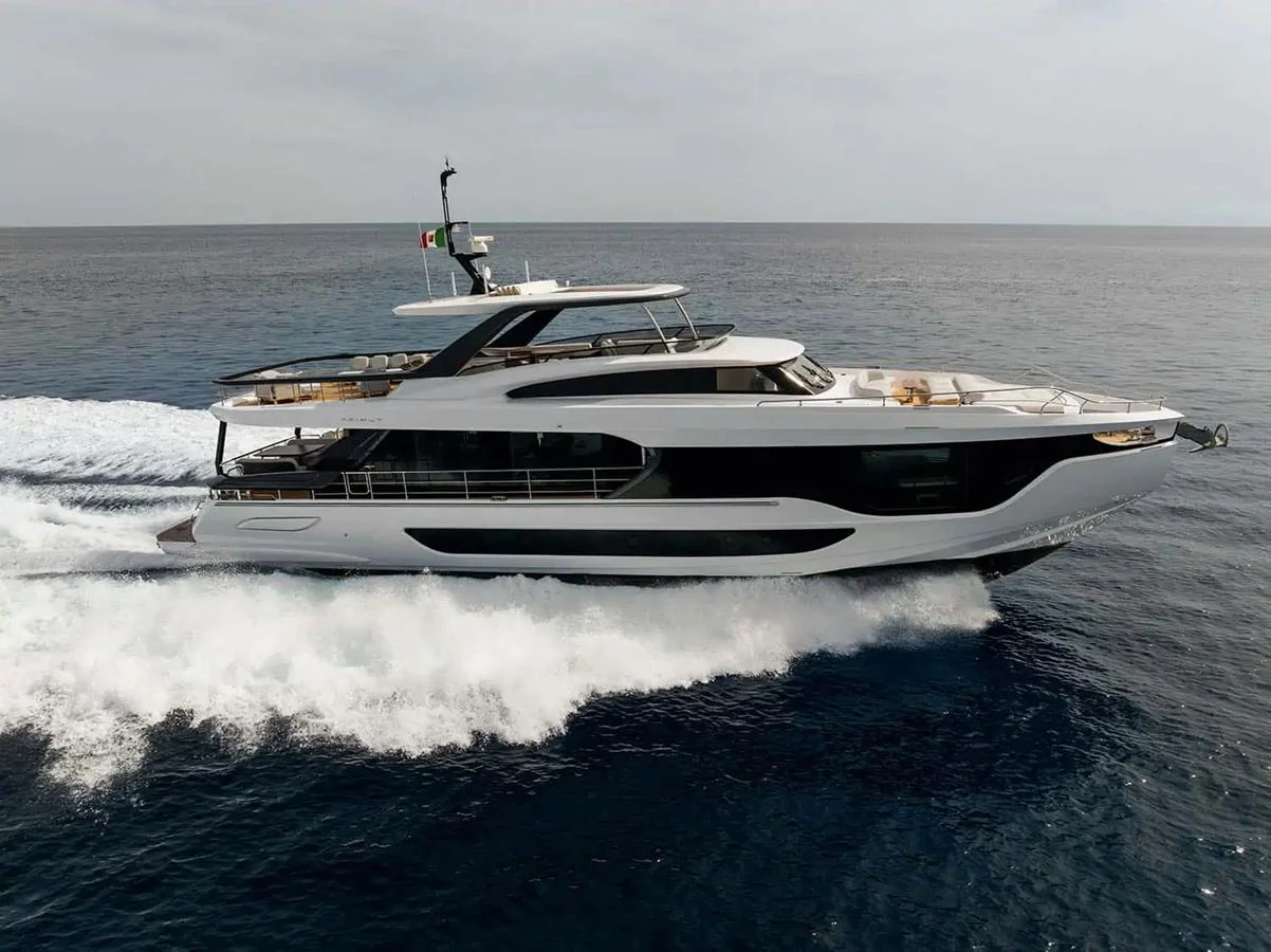 A sleek and modern yacht cruising swiftly on open waters. aboard SEA STAR Yacht for Sale