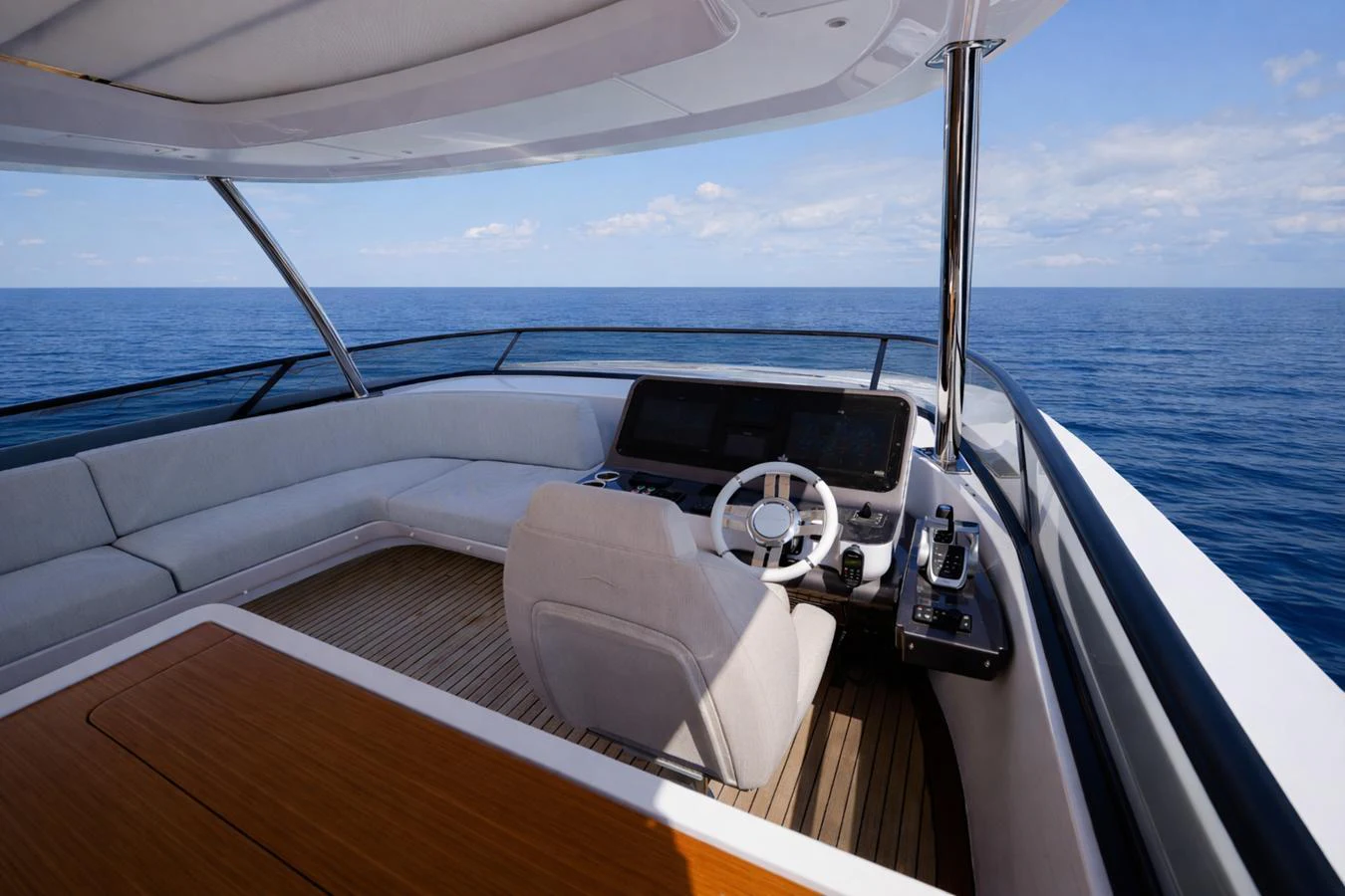 The helm area offers a sleek and modern design with panoramic ocean views. aboard SEA STAR Yacht for Sale