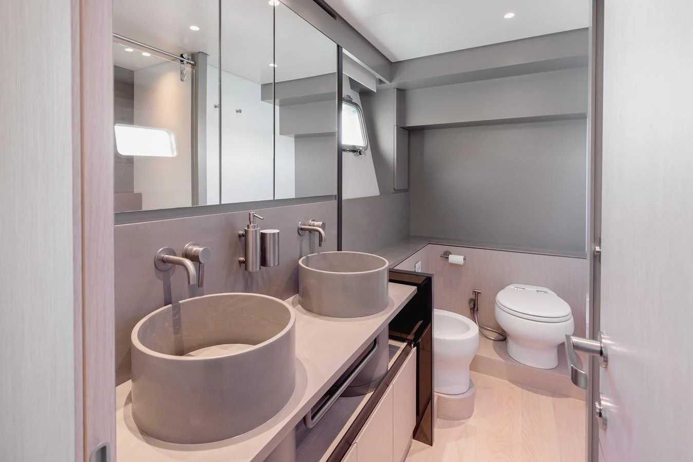 The yacht's bathroom features modern fixtures and a sleek design. aboard EOLINO Yacht for Sale