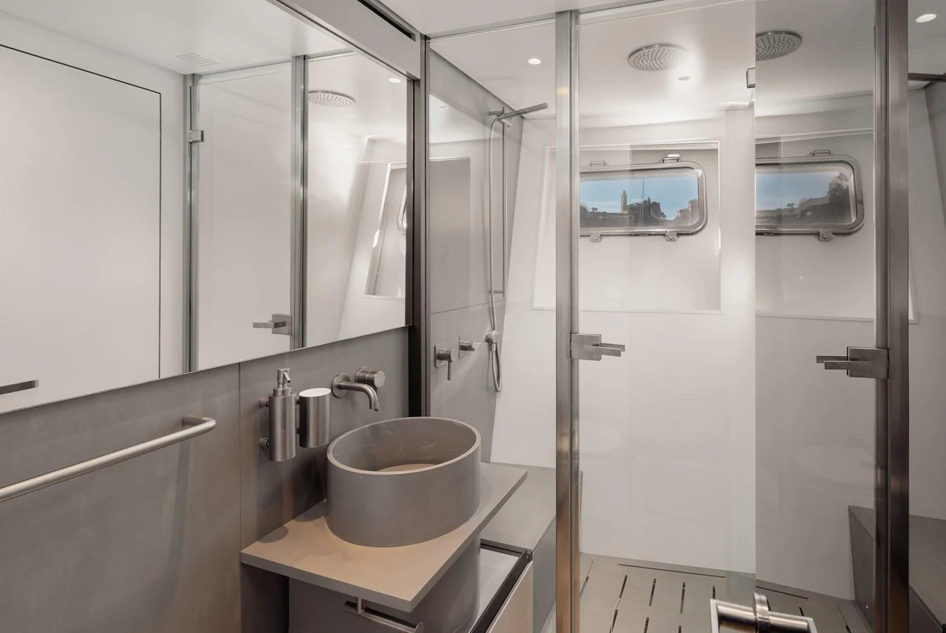 The yacht's bathroom features modern fixtures and a sleek design. aboard EOLINO Yacht for Sale