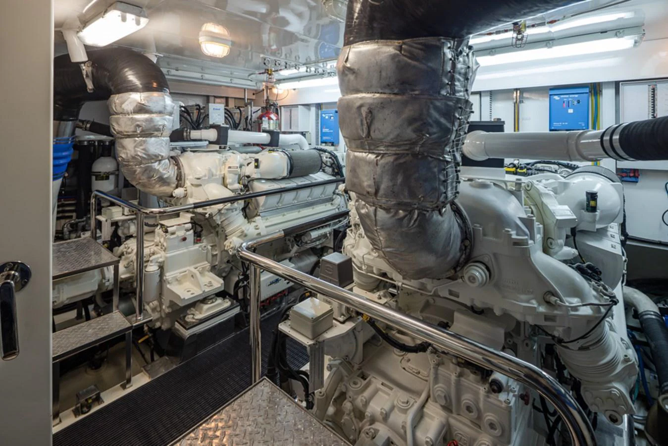 The yacht's engine room showcases powerful machinery and meticulous engineering. aboard RHONDAVOUS Yacht for Sale