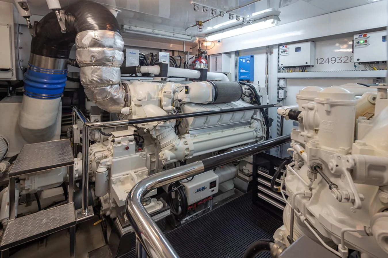 The engine room showcases the yacht's powerful and meticulously maintained machinery. aboard RHONDAVOUS Yacht for Sale