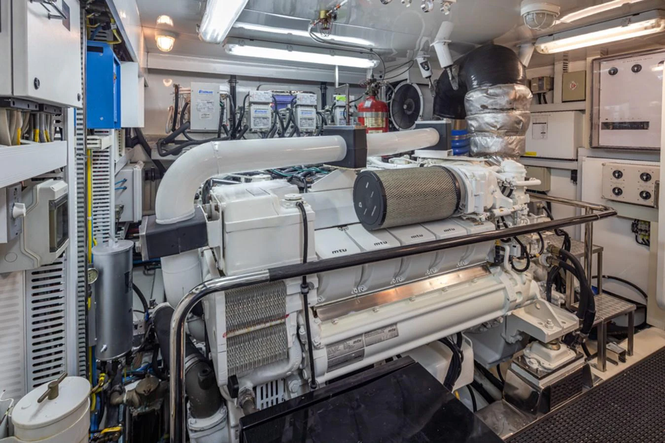 The engine room showcases the yacht's powerful and meticulously maintained machinery. aboard RHONDAVOUS Yacht for Sale