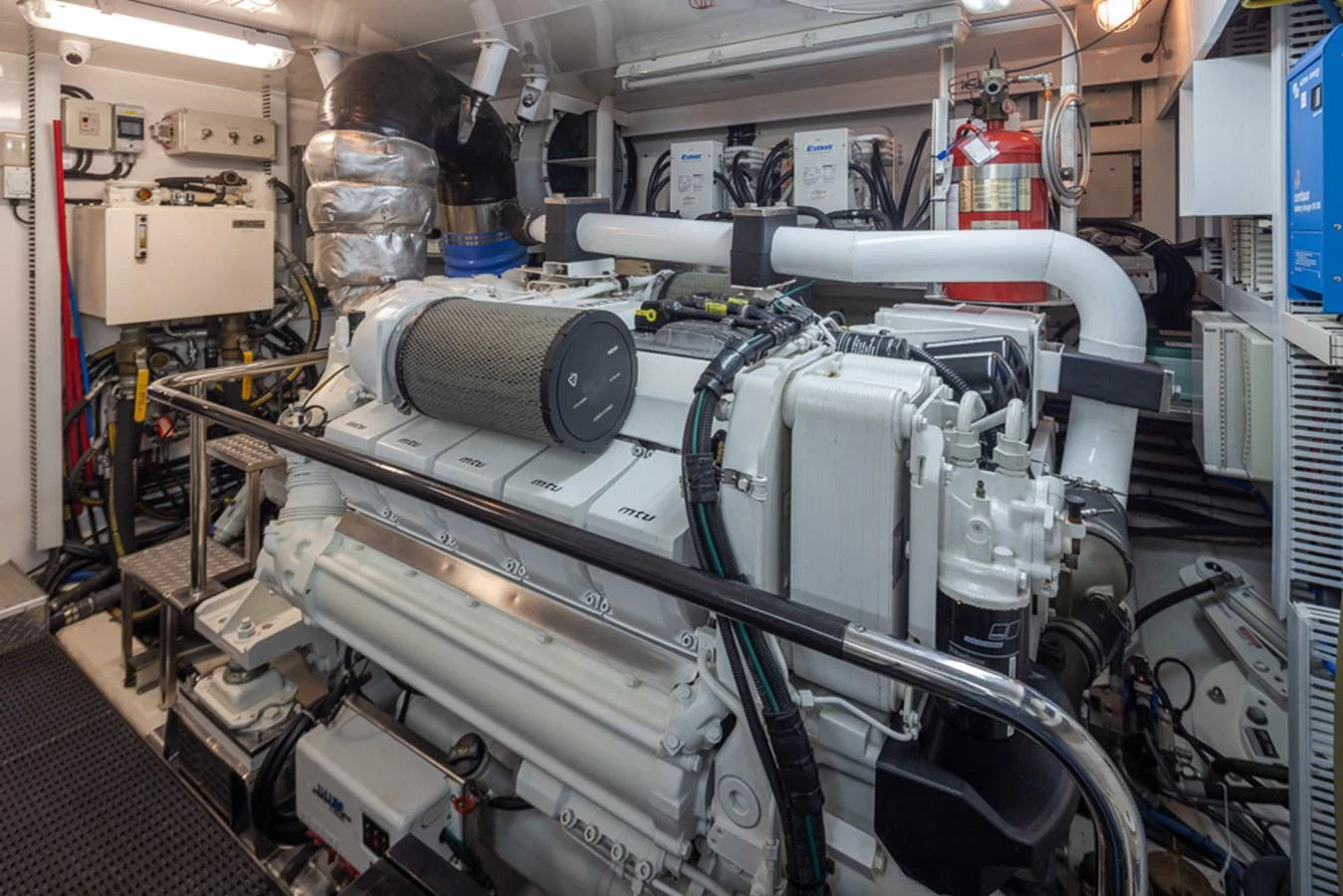 The engine room showcases the yacht's powerful and meticulously maintained machinery. aboard RHONDAVOUS Yacht for Sale