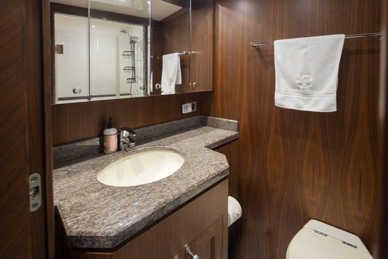 The bathroom features elegant wood paneling and a granite countertop, creating a luxurious and inviting space. aboard RHONDAVOUS Yacht for Sale
