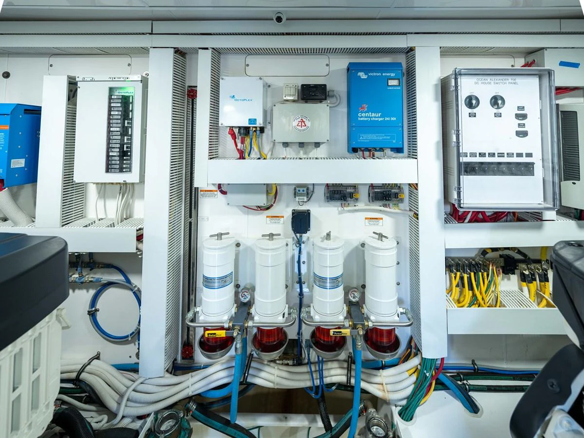 The image showcases the well-organized and high-tech engine room of the yacht. aboard SUB-PAR Yacht for Sale