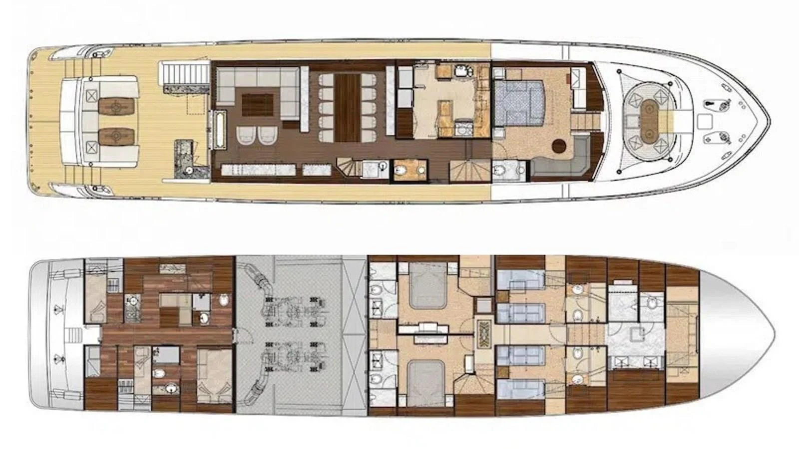 This image showcases the detailed deck plan of a luxurious yacht, highlighting its spacious and well-designed layout. aboard BELLA LISA Yacht for Sale