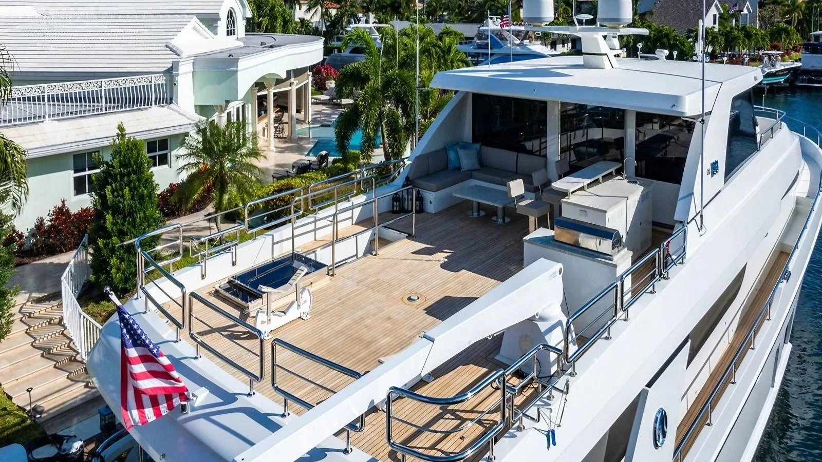 The sundeck of this yacht offers ample seating and lounging space, perfect for relaxation and socializing. aboard BELLA LISA Yacht for Sale