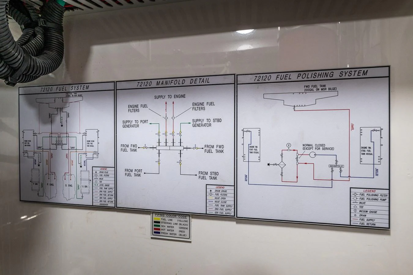 Detailed schematics of the yacht's fuel system are displayed on the wall. aboard ISLAND BREEZE Yacht for Sale