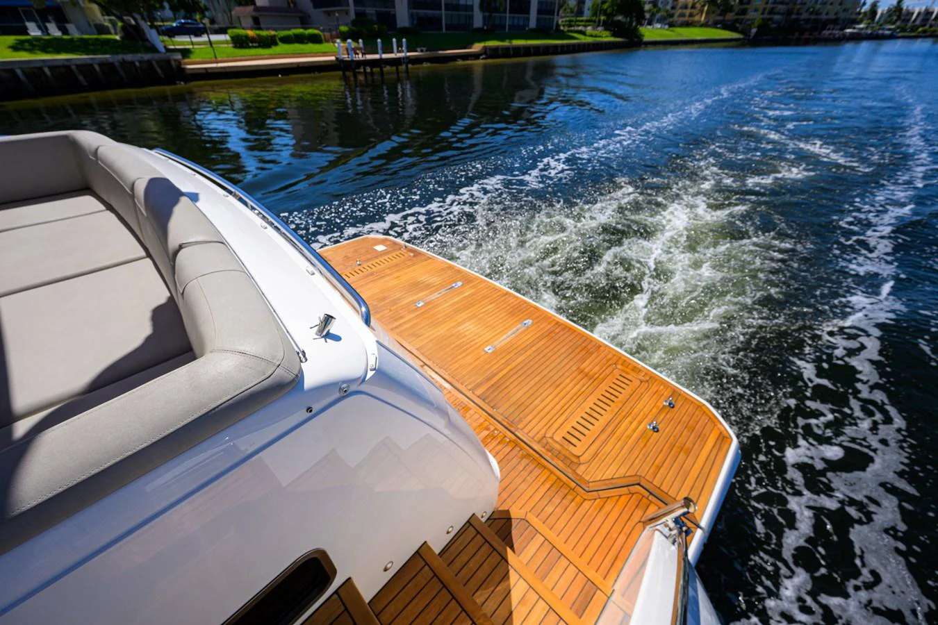 The yacht's swim platform offers easy access to the water and features elegant teak decking. aboard MISS AMY Yacht for Sale