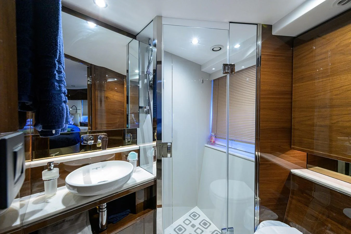The yacht's bathroom features modern fixtures and a sleek design. aboard MISS AMY Yacht for Sale