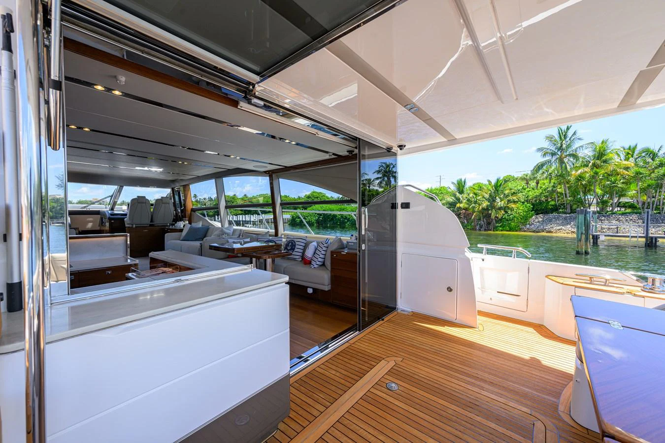 The spacious salon opens up to the aft deck, offering a seamless indoor-outdoor living experience. aboard MISS AMY Yacht for Sale