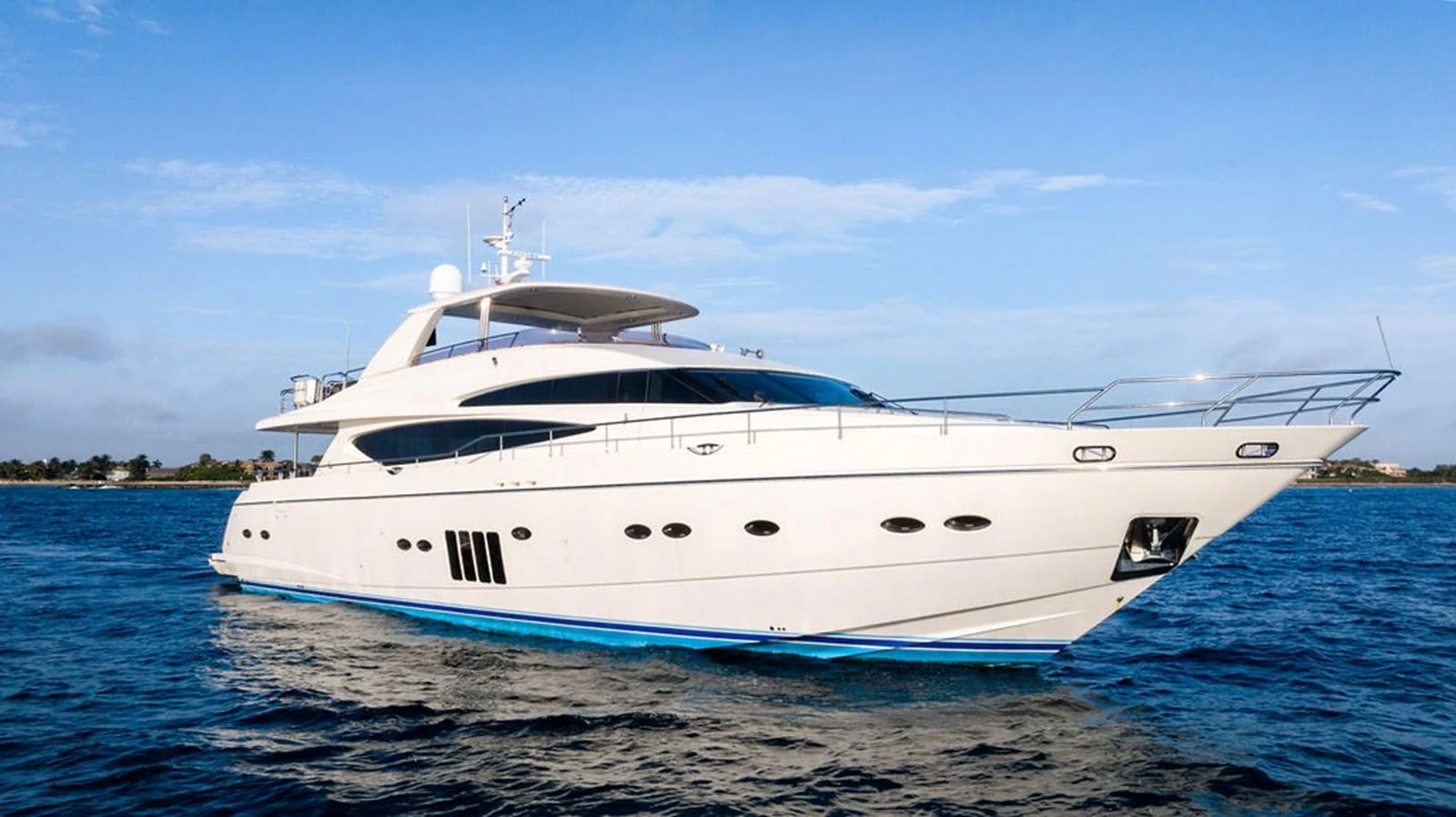 A sleek and modern yacht glides gracefully on the water under a clear blue sky. aboard OASIS Yacht for Sale
