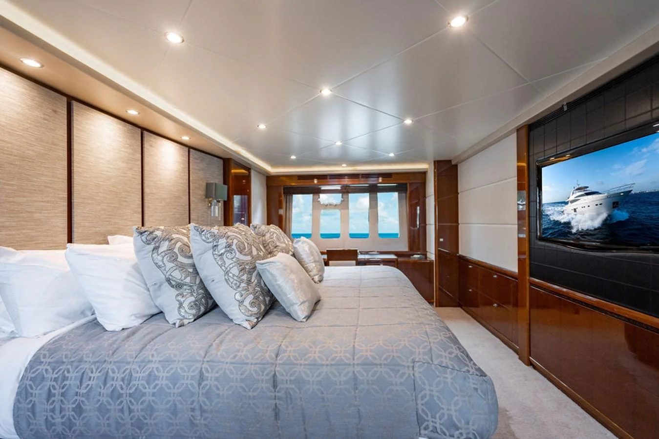 The master stateroom offers a luxurious and spacious retreat with elegant decor and modern amenities. aboard OASIS Yacht for Sale
