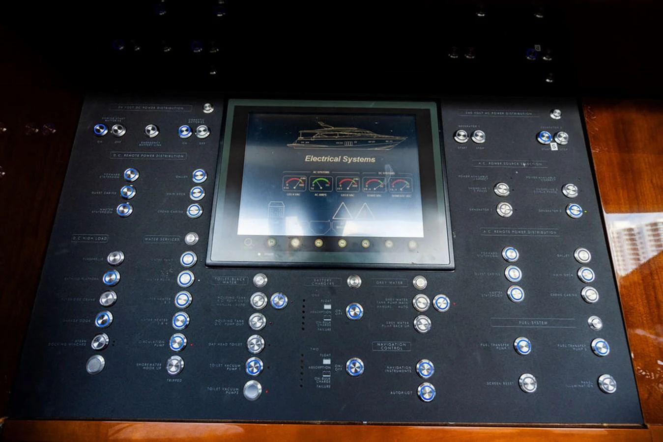 The image showcases the yacht's sophisticated electrical systems control panel. aboard OASIS Yacht for Sale