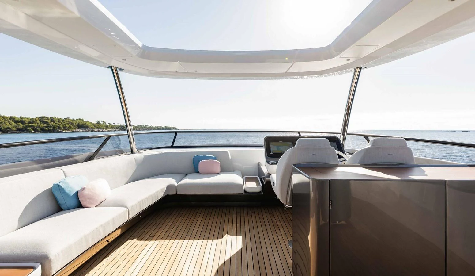 The flybridge offers a spacious seating area with panoramic views of the sea. aboard MARYBELLE Yacht for Sale
