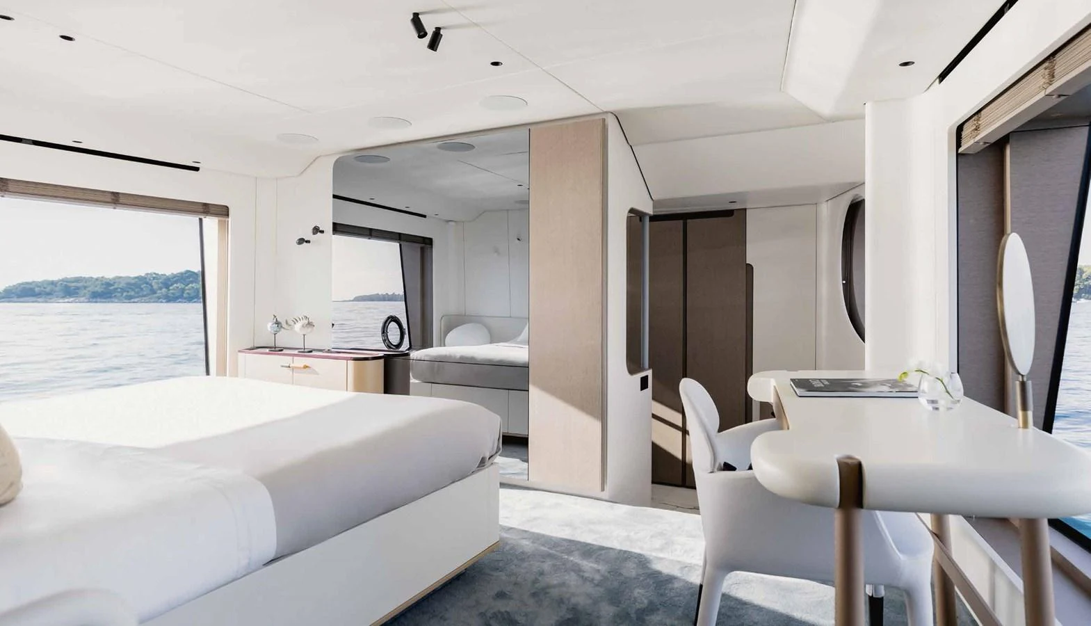 The stateroom offers a spacious and modern design with large windows providing scenic views. aboard MARYBELLE Yacht for Sale