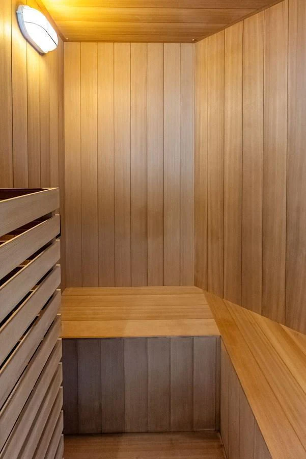 The yacht features a luxurious wooden sauna for ultimate relaxation. aboard SERENITY NOW Yacht for Sale