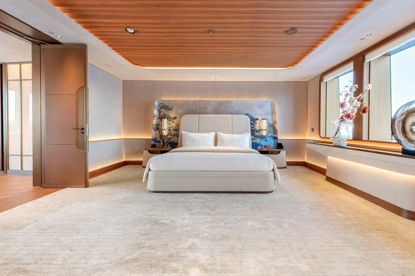 The master stateroom exudes luxury with its spacious layout and elegant decor. aboard KENSHO Yacht for Sale