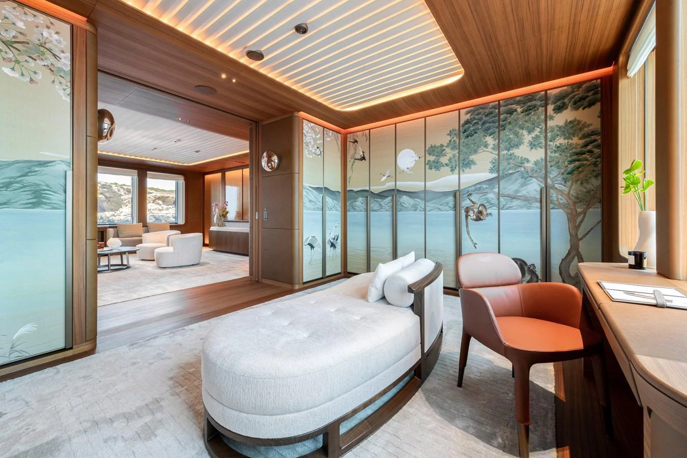 The yacht's interior features a serene lounge area with elegant decor and comfortable seating. aboard KENSHO Yacht for Sale