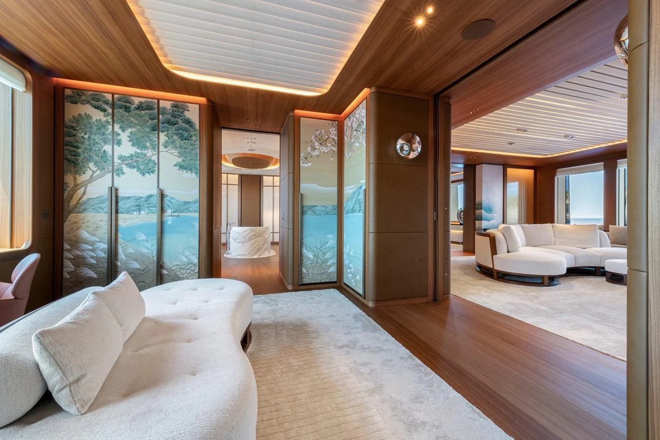 The yacht's interior features a luxurious and spacious living area with elegant decor and comfortable seating. aboard KENSHO Yacht for Sale